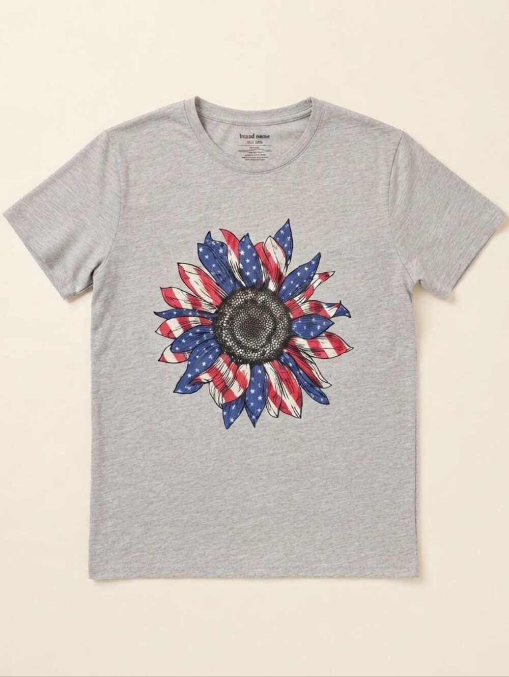 Women's Patriotic American Flag Sunflower Graphic T-Shirt Heather Grey Casual Te